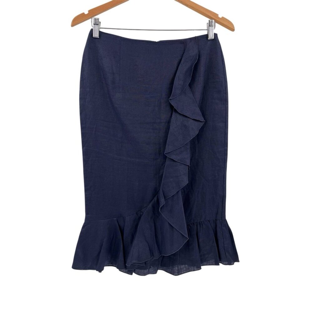 BODEN Women's Navy Linen Ruffle Front & Hem Straight Skirt US 4